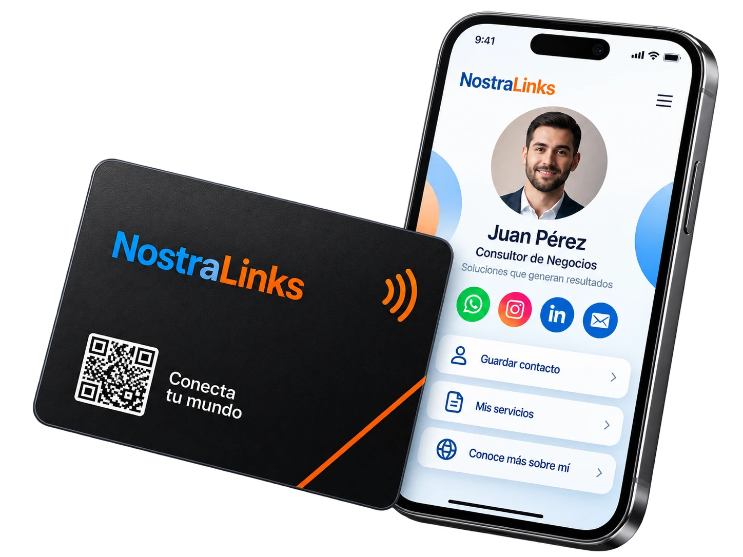 Tarjeta física NostraCard junto a un teléfono mostrando NostraPerfil
